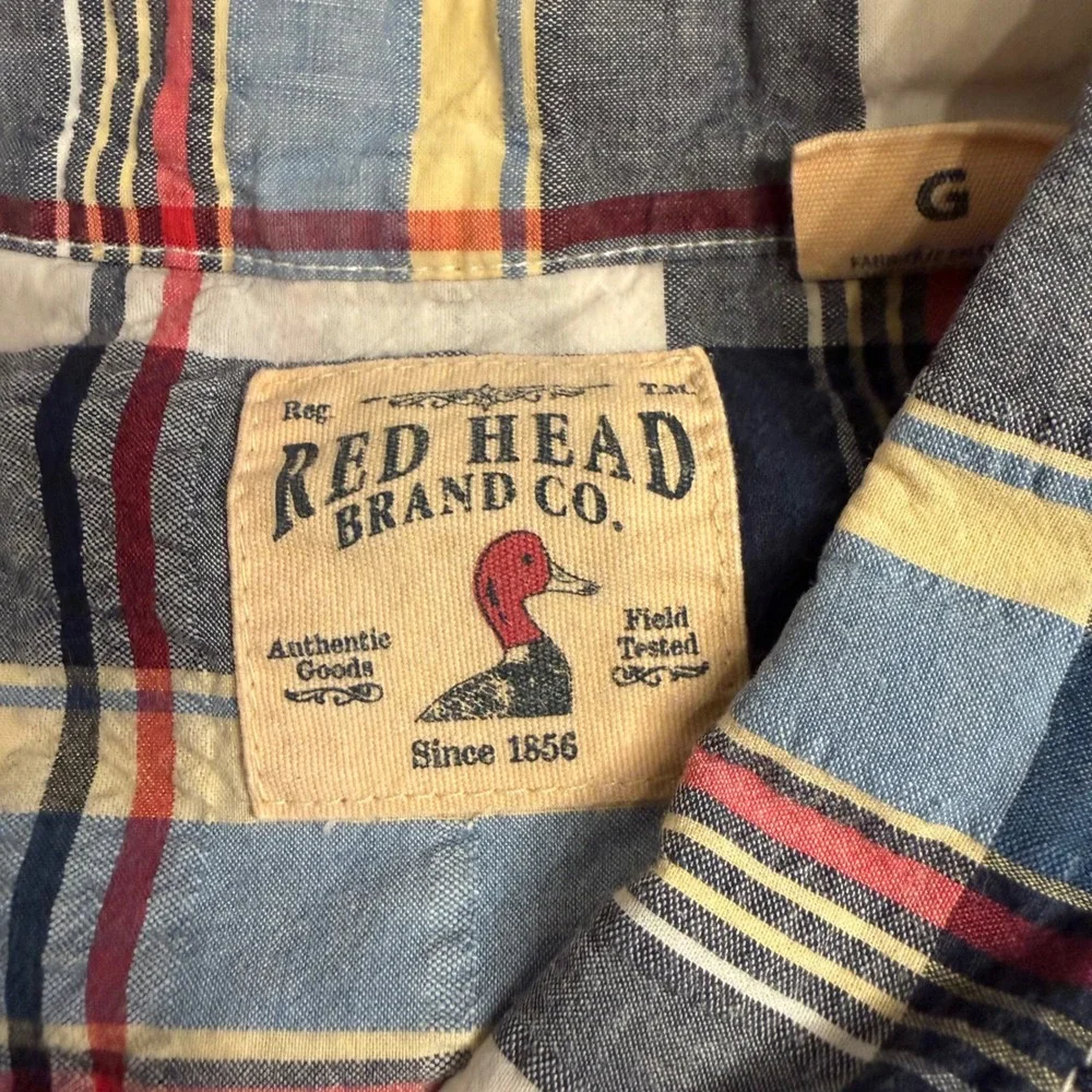 Red Head Brand Co Mens Large Short Sleeve Plaid Button Down Shirt Blue White Red